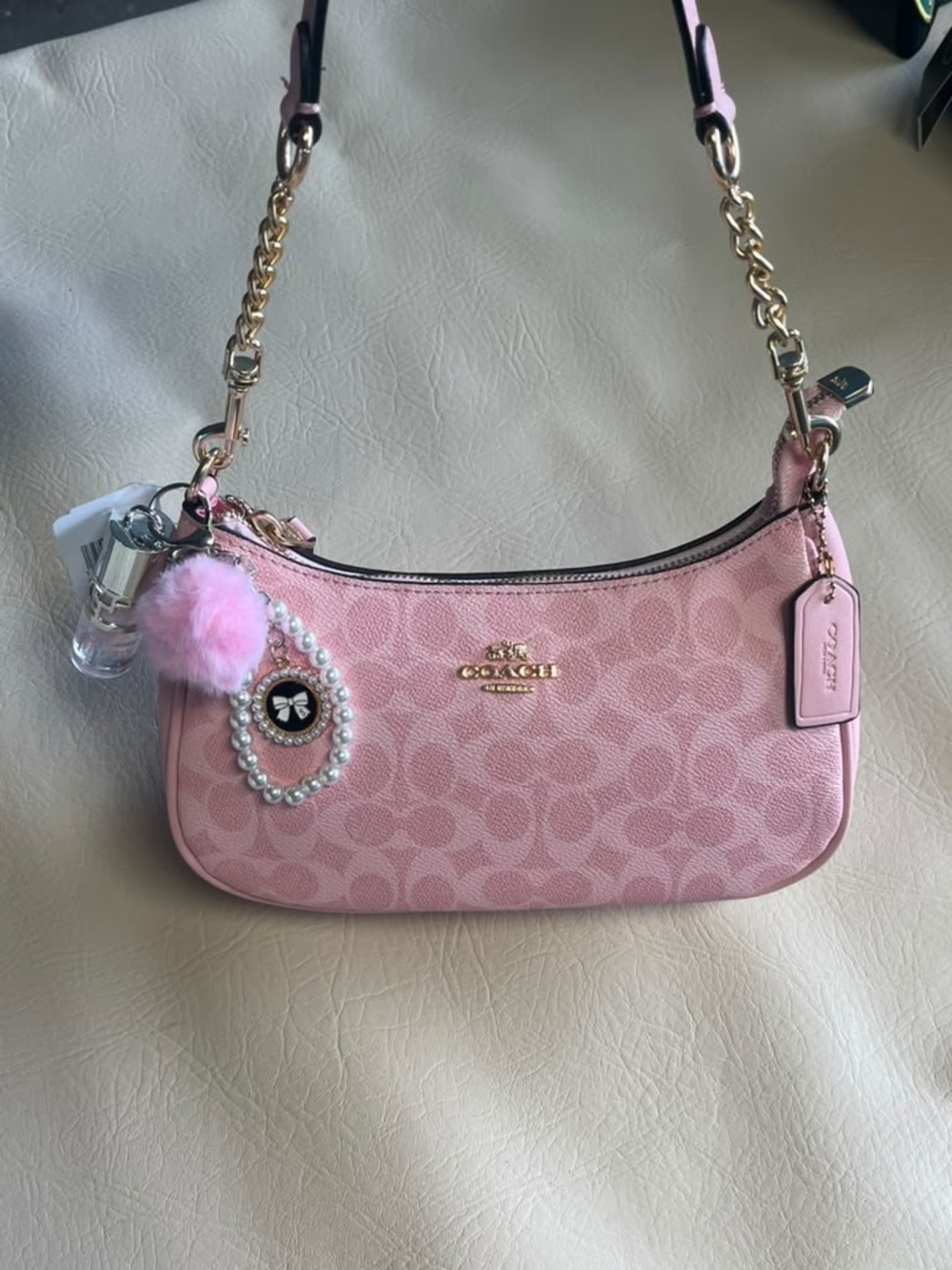 Coach Pink Signature Jacquard Shoulder Bag with Gold Chain Strap